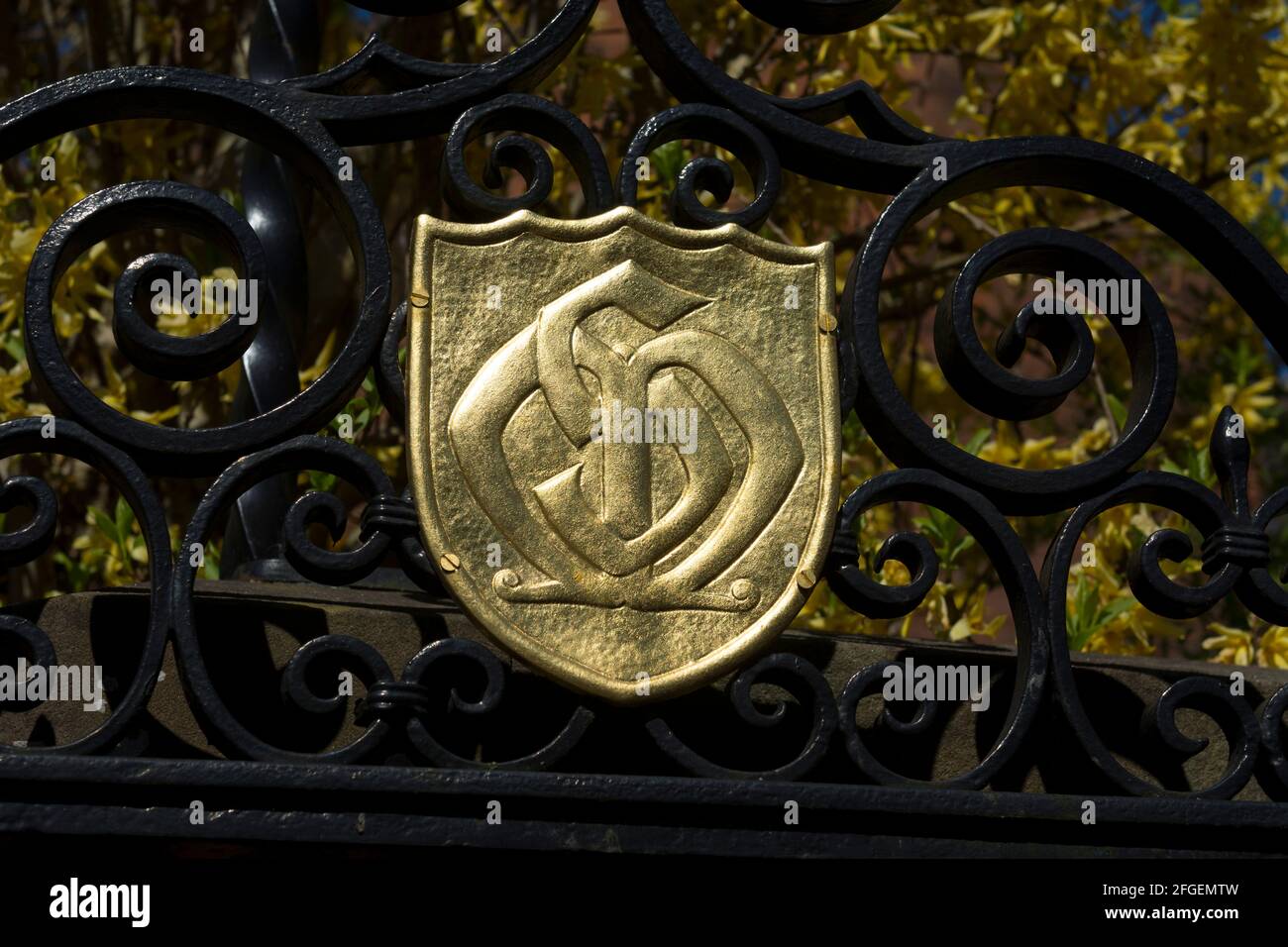 Gate detail with shield and monogram, St. Mary`s Church, Moseley, Birmingham, England, UK Stock Photo